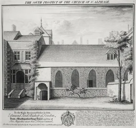 The South Prospect of Church of St. Alphage, gravert av William Henry Toms (ca. 1700-50) 1736